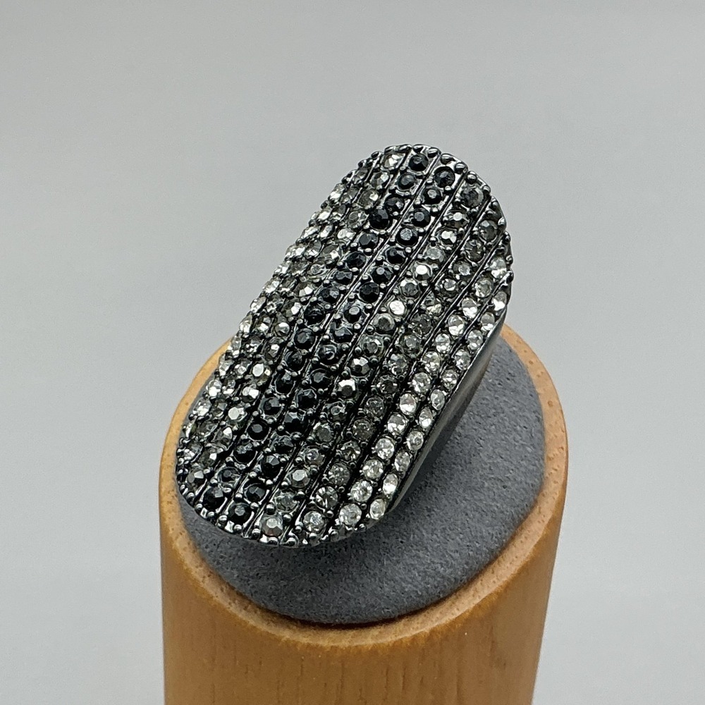 Ring Size 8 Gunmetal Tone Black Clear Crystal Dome Cocktail Statement Womens